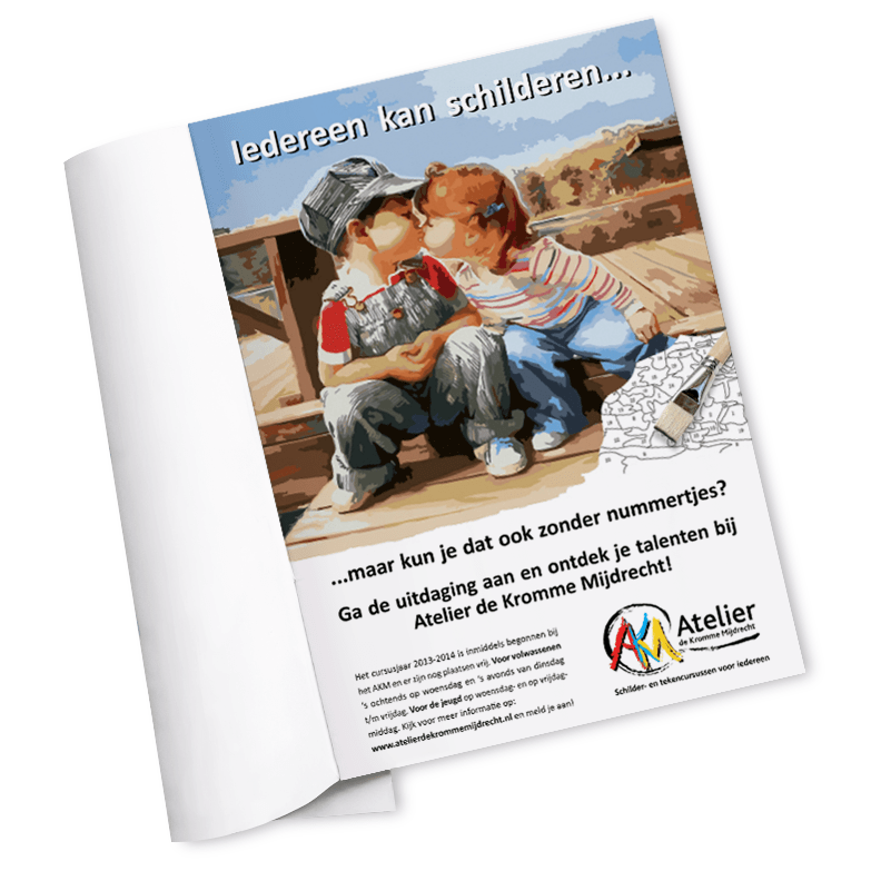 Advertentie voor atelier de kromme mijdrecht in tijdschrift met geschilderde kussende kindjes