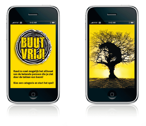 App 2 schermen buutvrij festival in geel en zwart met artiesten in boom verstopt