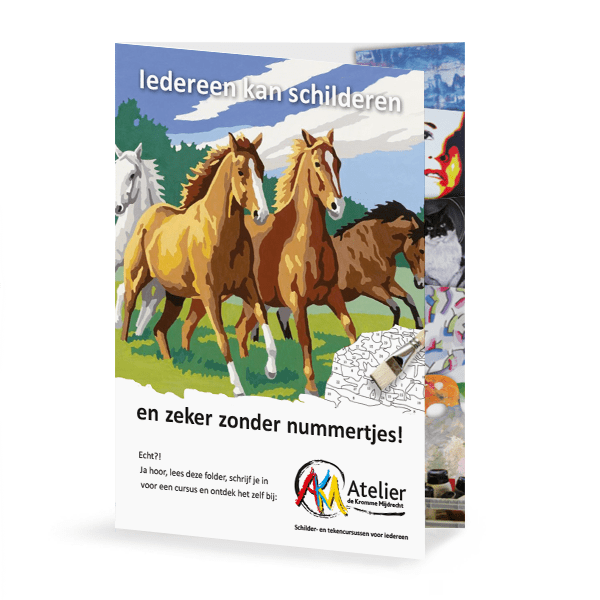 Folder voor atelier de kromme mijdrecht in 3D met geschilderde paarden