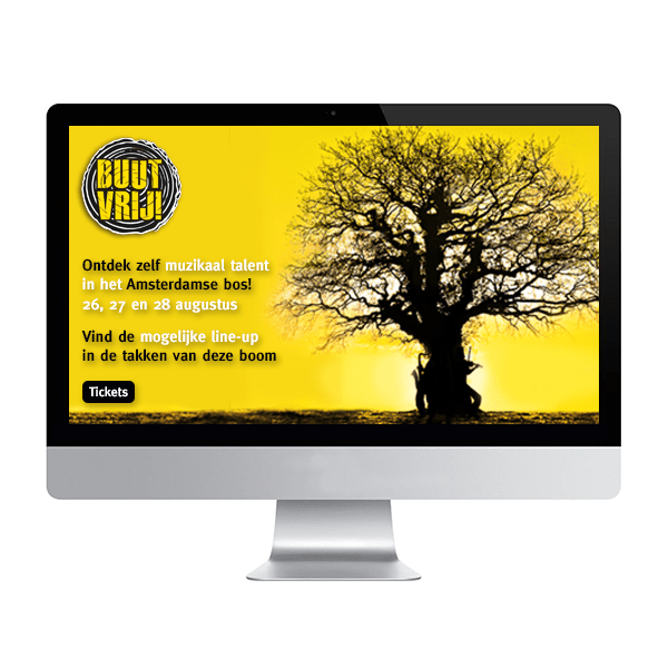 Website buutvrij festival in geel en zwart met artiesten verstopt in een boom