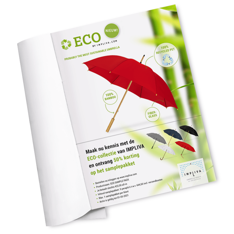 Advertentie ECO paraplu van Impliva in tijdschrift met bamboe als achtergrond