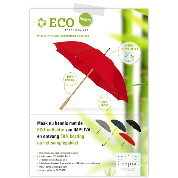 Advertentie ECO paraplu van Impliva met bamboe als achtergrond