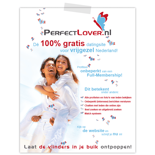 Advertentie voor datingsite perfectlover.nl met een vrolijk verliefd stel op het strand