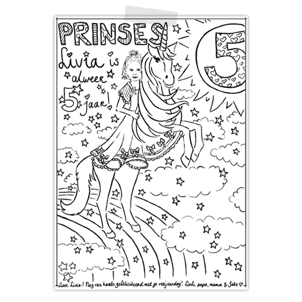Kleurplaat voor de jarige prinses Livia met unicorn